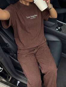 Muchica Conjunto informal de camiseta de manga corta con gráfico de letras lavado marrón café y pantalones para mujer - Café integral - Ver 5