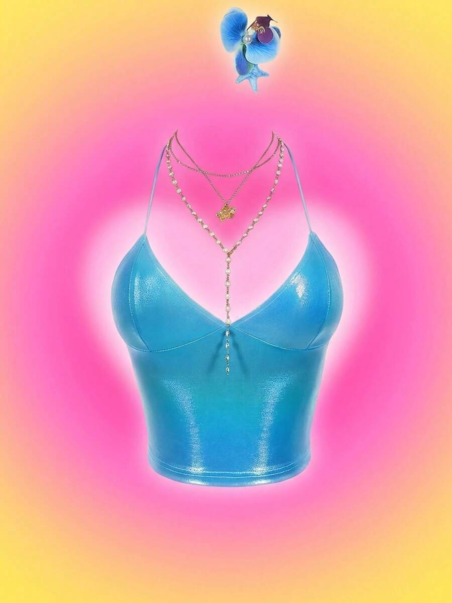 Amplova 女士纯色露背休闲百搭日常上衣 - 藍色 - 查看 1