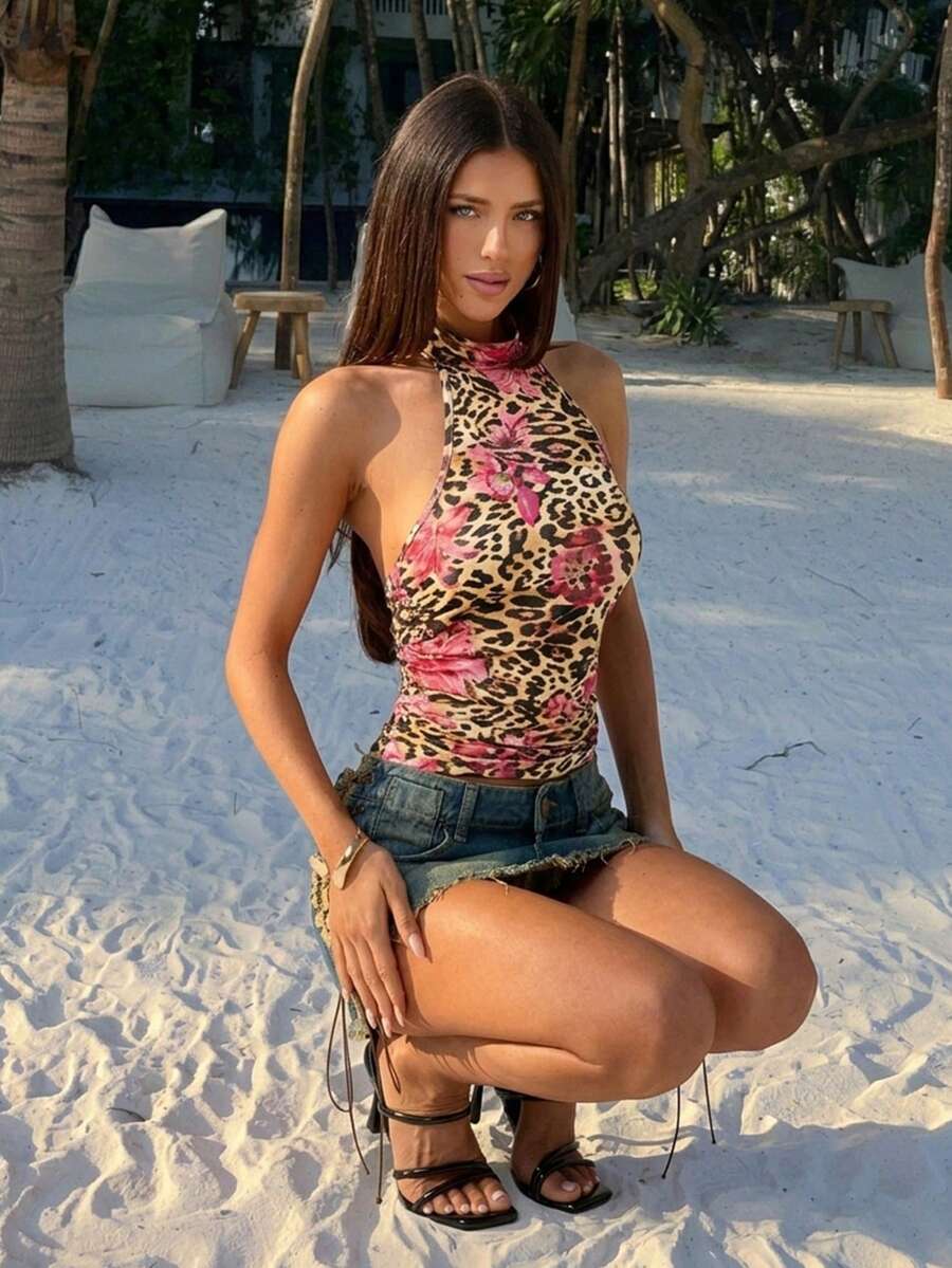 SHEIN ICON 夏季女士西部波西米亚风露背性感度假外出豹纹印花露脐吊带背心