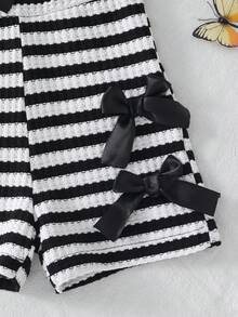 Girls' Casual Fashionable Daily Wear Sleeveless High Waist Short Romper With Cute Bow Design - Black - View 6