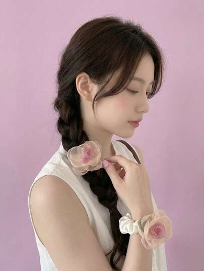 Joivida 1个高级法式侧戴发圈 - 甜美优雅薄纱玫瑰发饰，女士新款高弹力发圈