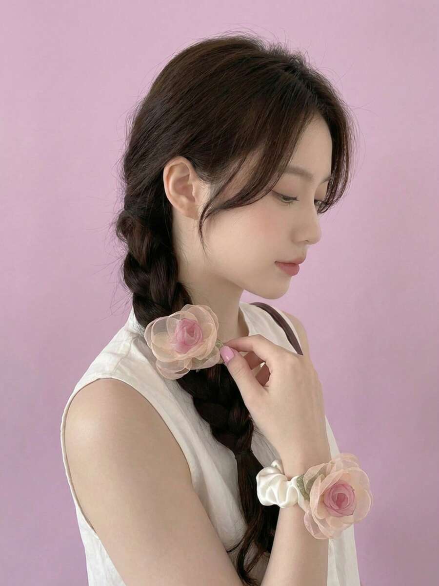 Joivida 1个高级法式侧戴发圈 - 甜美优雅薄纱玫瑰发饰,女士新款高弹力发圈 - 彩色 - 查看 1