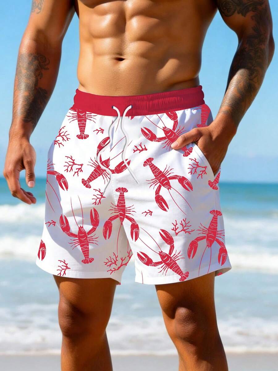 Manfinity RSRT Quần short nam dáng rộng có dây rút, in hình tôm hùm, thích hợp cho bơi lội, du lịch, tập thể dục, làm quà tặng, phong cách Hawaii. - Nhiều màu - Xem 1