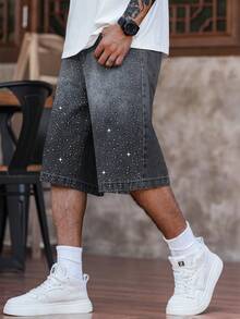 Manfinity EMRG Quần short denim ống rộng dáng rộng đính đá lấp lánh dành cho nam. - Màu Xám nhạt - Xem 6