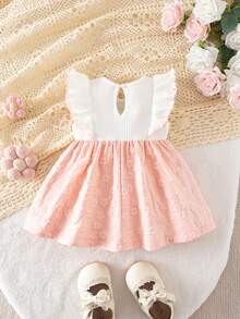 Loomiva Newborn Baby Girl Contrast Color Bow Soft Round Neck Ruffle Hem Cinched Waist Dress - Multicolor - View 4
