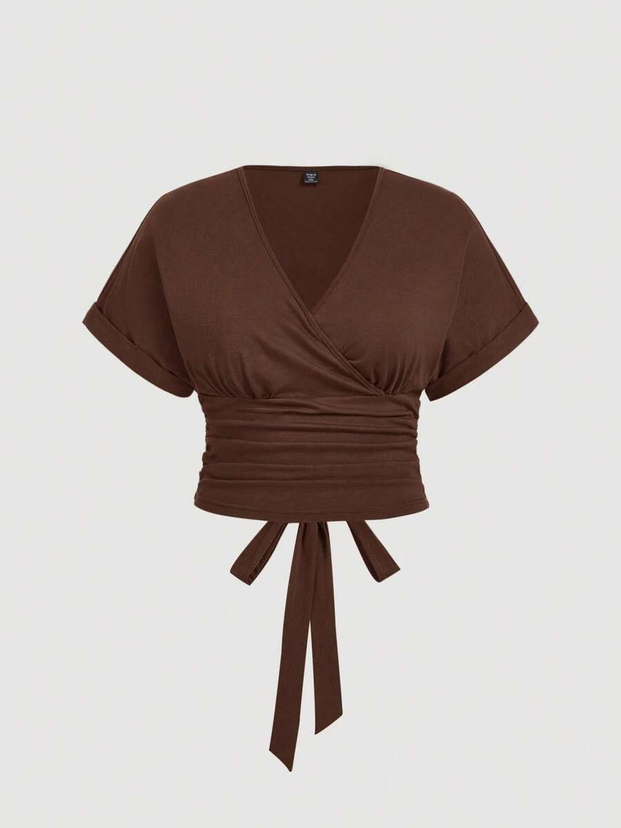 SHEIN MOD Plus Size Vintage Pleated Decor Criss-Cross Back Tie Neck T-Shirt - Brown - View 1
