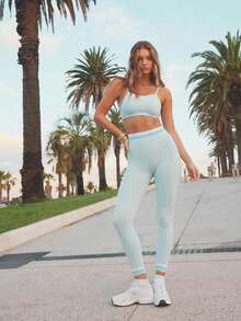 Aralina Women Striped Cropped Camisole And Leggings Sports Suit - Mist Green - View 9