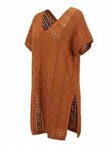Swim Lushoire Plus Size Women's Summer Beach Vacation Solid Color Open Knit Split Hem Cover-Up Dress - Brown - View 4