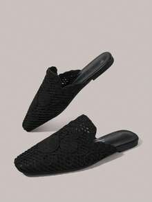 Styleloop Giày nữ mũi vuông nhỏ đế bằng màu đen, đan thủ công, thoải mái, thoáng khí, thời trang, đa năng, đi làm hàng ngày, đi nghỉ mát, đi chơi. Giày bệt nữ, dép lê nữ. - Dây bện màu đen - Xem 4