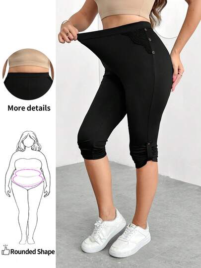 Enliva Plus Size Women's Elastic 7/8 Pants, Casual Leggings, Leggings With Button & Lace Details