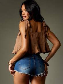 MISSGUIDED Ruffle Hem Tie Shoulder Tank Top Sleeveless Square Neck Cropped Blouse Summer Fashion Casual Sexy Women Camisole With Tie Straps Golf Pastal - Brown - View 3
