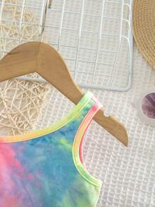 SHEIN Bộ đồ cho bé gái gồm áo hai dây cổ lệch và quần short cạp chun in họa tiết tie-dye cổ bất đối xứng. - Nhiều màu - Xem 7