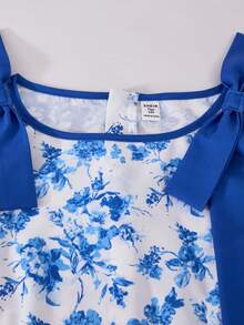 SHEIN Teen Girl Ditsy Floral Bowknot Decor Fashion Dress - Blue and White - View 7