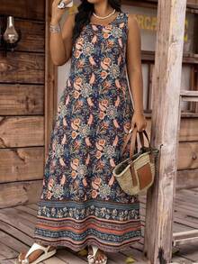 SHEIN CURVE+ Kích cỡ US22 (dành cho người có thân hình đầy đặn) Lễ hội âm nhạc, Kỳ nghỉ bên bờ biển, Đầm không tay phong cách Bohemia dành cho nữ, in hình cây điều, có túi, trang phục mùa hè cho nữ, quần áo mùa hè kiểu châu Âu - Nhiều màu - Xem 6