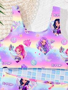 SHEIN Bộ đồ bơi hai dây và bikini tam giác tối giản, kiểu dáng thường ngày dành cho bé gái, họa tiết hoạt hình, thích hợp cho mùa hè. - Nhiều màu - Xem 5