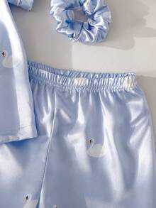 2pcs/Set Young Girl' Elegant Cute Swan Pattern Satin Fabric Casual Comfortable Pajamas - Baby Blue - View 4