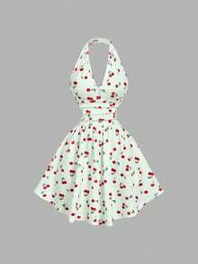 MOD Vestido de mujer con cuello halter, cintura fruncida y estampado de cerezas - Amarillo claro - Ver 11