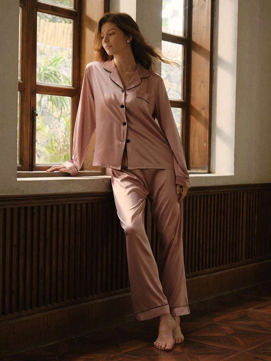 Bisouelle Nuevo conjunto de pijama de manga larga informal para mujer - Rosado Sandía - Ver 1