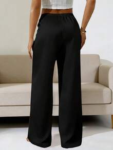 EMERY ROSE Women's Casual Solid Color Minimalist Drawstring Pants - Black - View 2