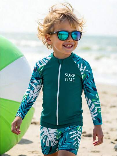 年輕男孩熱帶印花拉鍊前開海灘泳裝