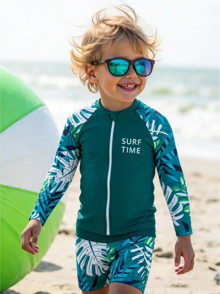 年輕男孩熱帶印花拉鍊前開海灘泳裝 - 墨綠色 - 查看 1