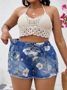 Slaydiva Plus Size Women Floral Pattern Tie Waist Casual Denim Shorts Jorts - Multicolor - View 2