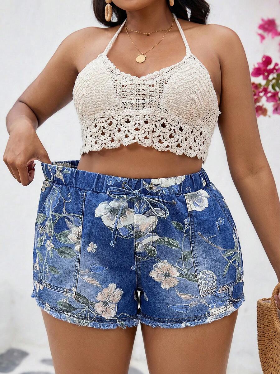 Slaydiva Plus Size Women Floral Pattern Tie Waist Casual Denim Shorts Jorts