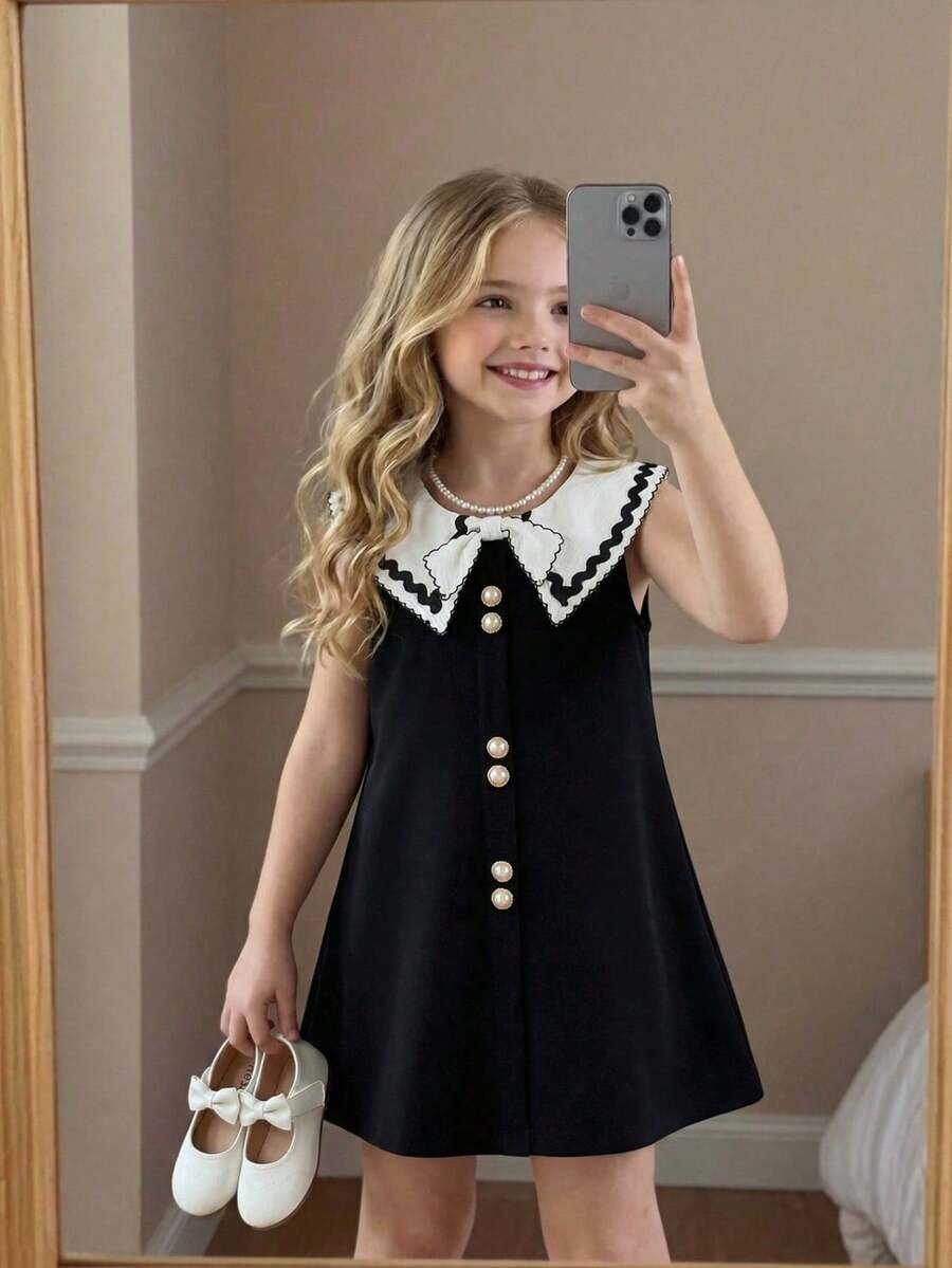 Elladie kids 女童优雅甜美淑女风荷叶边方领蝴蝶结珍珠纽扣无袖连衣裙，适合春夏派对和聚会 - 黑與白 - 查看 1