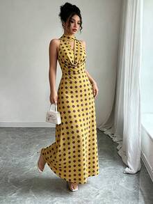 Modelyn New Retro French Polka Dot Halter Neck Dress, Fashionable Elegant Casual Vacation Style Waist Cinched Dress For Women - Yellow - View 5