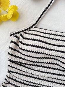 Tween Girls' Summer Knit Textured Striped Halter Neck Camisole - Black and White - View 4