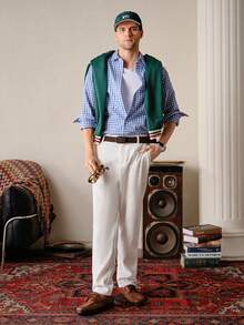 男士休闲单排扣格子衬衫，适合通勤、秋季穿着，长袖上衣，复古风格。 - 藍色 - 查看 3