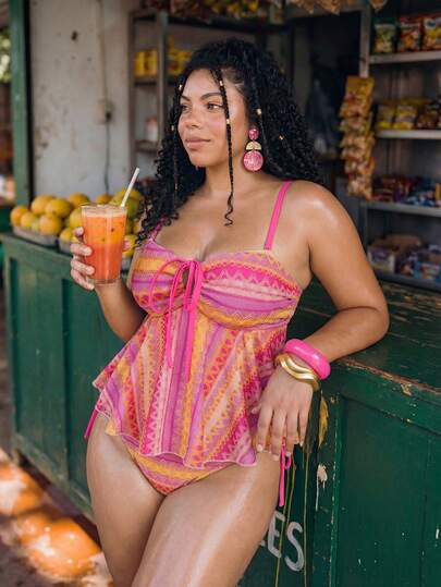 Swim Mod Plus Size Women's Color Block Twist Cami Tankini Top And Triangle Bottoms Swimsuit Set, Suitable For Summer Vacation