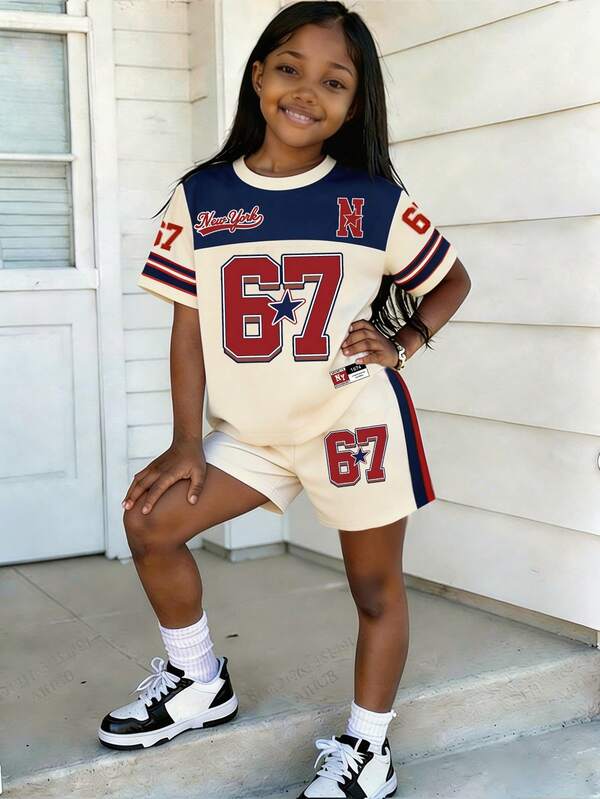 1 pieza Conjunto de camiseta de manga corta con estampado de bloque de color y número 67 y pantalones cortos casuales para niñas jóvenes con estilo retro, grosor ligero regular, conjunto de 2 piezas de moda para uso diario, escuela, fin de semana, verano/primavera y otoño