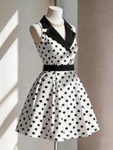 Endroma Sleeveless Waist Splicing Polka Dot A-Line Elegant Romantic Sophisticated Ladies Dress - Black and White - View 3