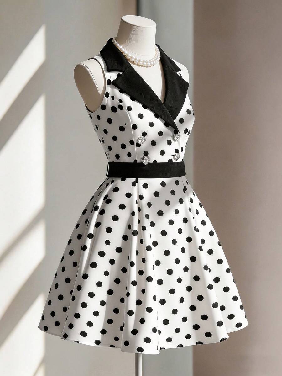 Endroma Sleeveless Waist Splicing Polka Dot A-Line Elegant Romantic Sophisticated Ladies Dress - Black and White - View 1