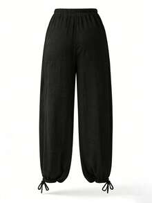 Swim Vcay 女士夏季沙滩纯色弹力腰哈伦喇叭裤，饰有蝴蝶结，中腰休闲宽松度假裤，波西米亚风女裤，宽松女裤，夏季女裤，优雅女裤，复活节女裤，黑色女裤，休闲女裤，度假女裤，乡村风女裤，纯色女裤，运动女裤，灯笼裤，节日女装，夏季女裤 - 黑色 - 查看 8