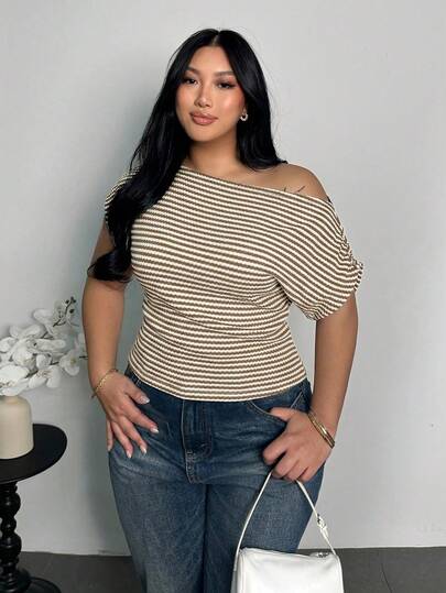 Firerie Plus Size Women's Textured Striped Asymmetrical Shoulder Elastic Ruched Batwing Sleeve T-Shirt Top, Striped Women's Top, Spring/Summer/Autumn Clothing, Commuting, Elegant, Casual, Daily, Work Wear