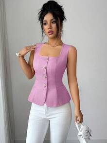 Rafferiza 時尚優雅百搭收腰後背設計方領金屬扣飾女款春夏酒紅色細肩帶背心 - 淡紫色 - 查看 7