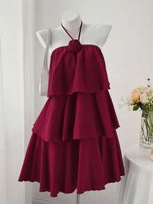 Sweetra CURVE Plus Size Women Sleeveless Layered Patchwork Cami Dress - Burgundy - View 6