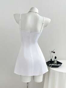 Elamini 女士V领A字吊带连衣裙，性感休闲家居服 - 黑與白 - 查看 2