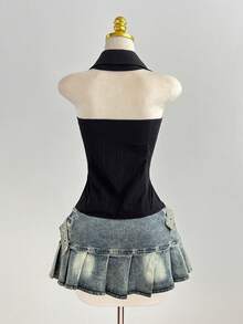 Elamini 性感翻领侧系腰带修身无袖衬衫，简约设计，女士款 - 黑色 - 查看 2