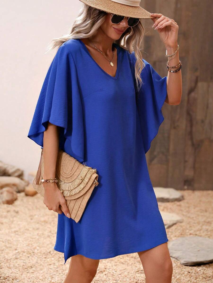 LanaWest Vestido casual minimalista suelto con cuello en V y dobladillo con volantes de unicolor - azul real - Ver 1