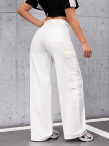 SHEIN Tall Women's Casual Everyday Flap Pocket Cargo Denim Jeans - White - View 2