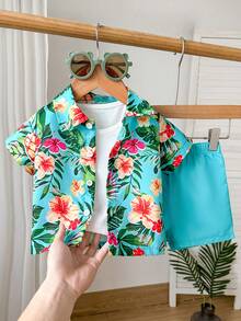 SHEIN Playful Pals 两件套幼儿男童休闲假日短袖polo衫和纯色短裤夏季套装 - 彩色 - 查看 3