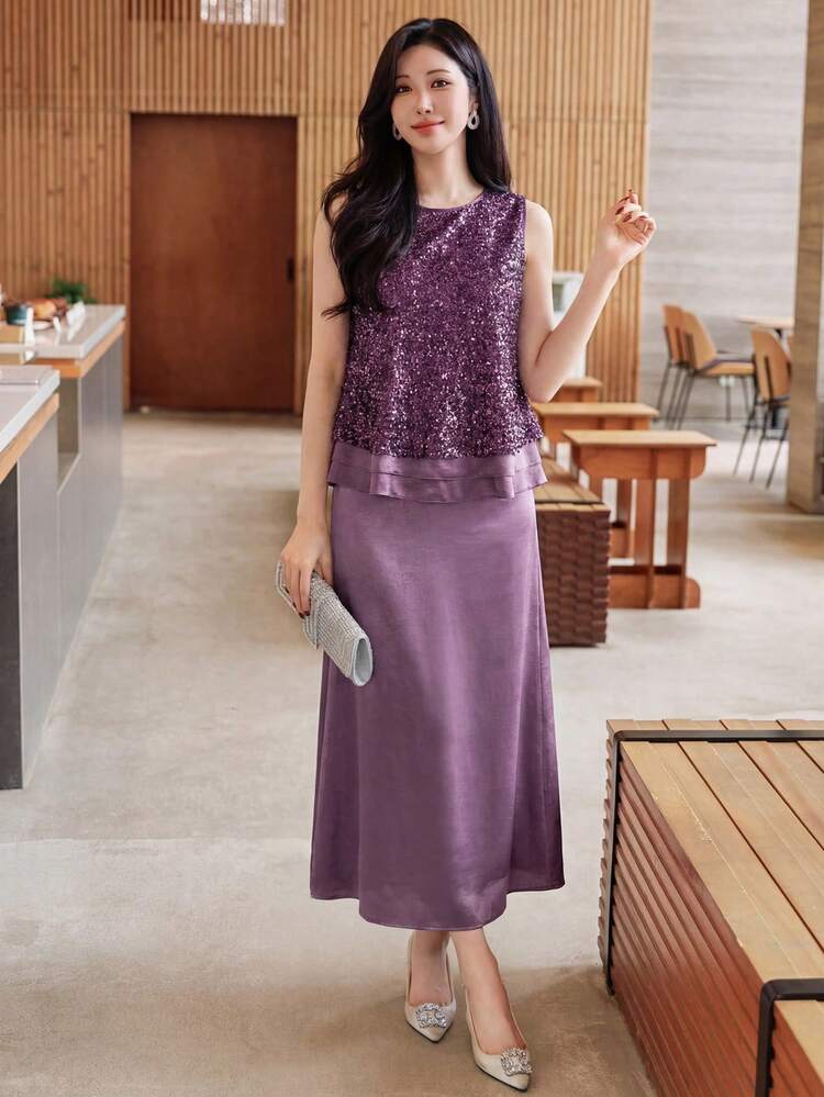 Women's Casual Elegant Sleeveless Top And Long Skirt 2 Pieces Set, Spring/Summer