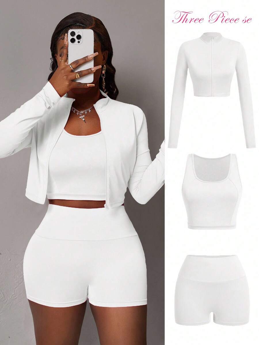 Slaydiva Bộ 3 món dành cho nữ, gồm áo thun dài tay ôm sát cổ cao, khóa kéo nửa thân, áo croptop không tay và quần short thể thao, thích hợp cho mùa hè. - trắng - Xem 1