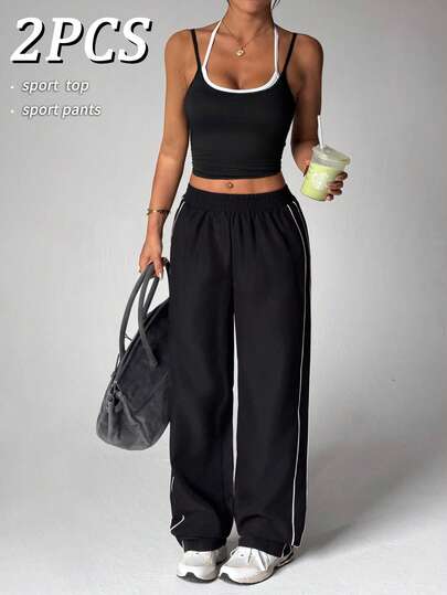 SHEIN Dewbera 2pcs Women's Sportwear Set, Contrast Color Design Sleeveless Backless Tight Fit Top And Straight Leg Loose Fit Pants, Suitable For Daily Casual, Running, Yoga, Gym, Golf, Tennis