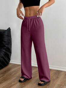 SHEIN Unity Women's Solid Color Elastic Waist Drawstring Loose Straight Leg Pants - Purple - View 3