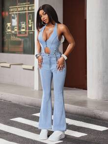 SHEIN ICON Women's Front Zipper Pocket Casual Denim Bib Pants - Light Wash - View 5