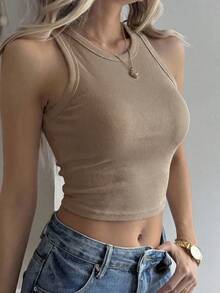 DAZY Áo tank top dệt kim gân sọc thường ngày dành cho nữ tuổi teen - Màu Khaki - Xem 4